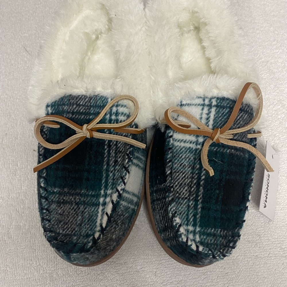 NWT Sonoma Goods For Life Plaid Felt Green & Ivory Moccasins Womens Size S (6-7) - Picture 7 of 9